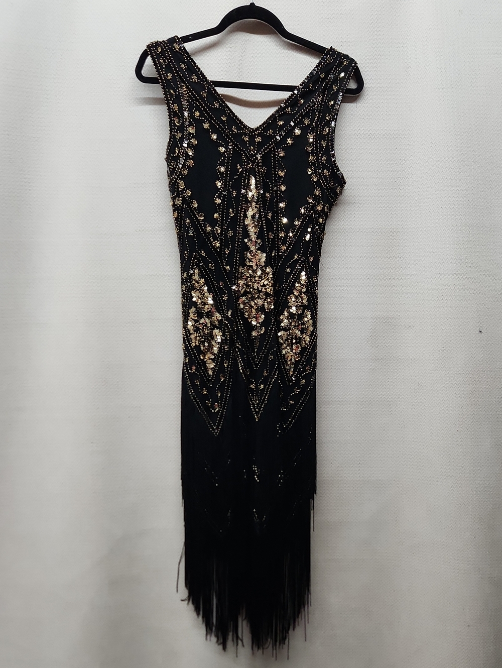 Black & Gold Beaded Fringe Midi Flapper Dress